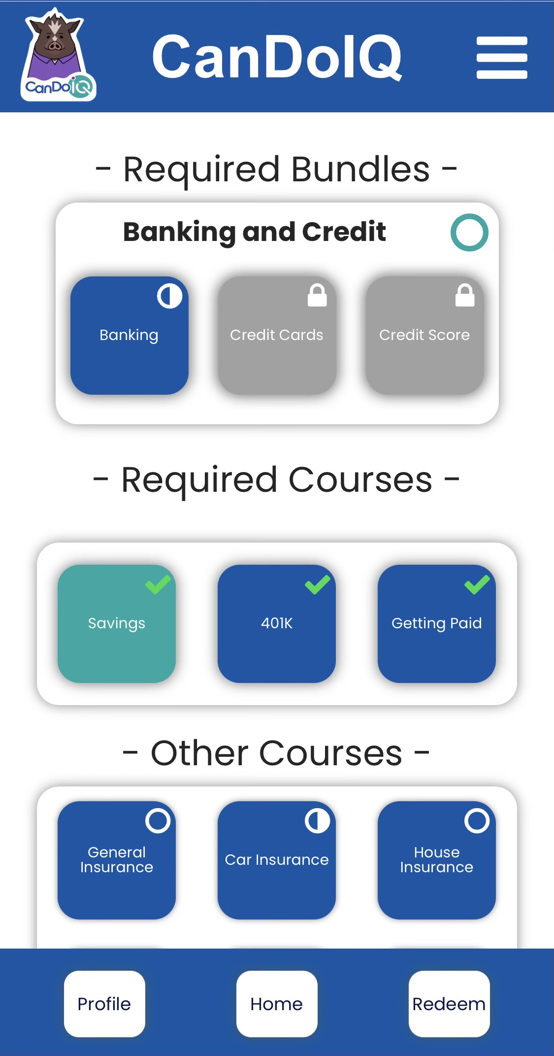 Picture of the courses overview page on the CanDoIQ app