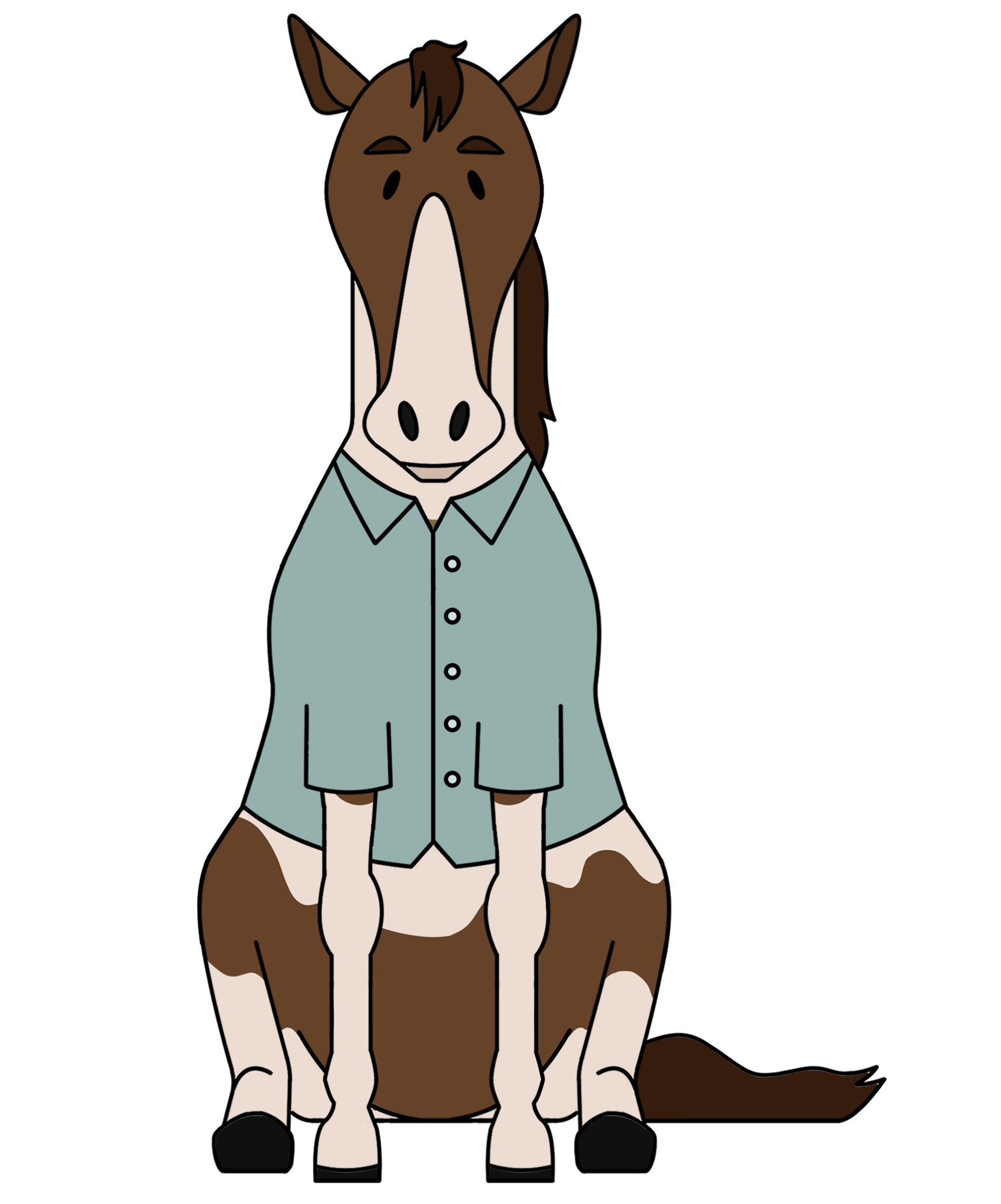 Cartoon image of Kaptain the horse wearing a green button up shirt