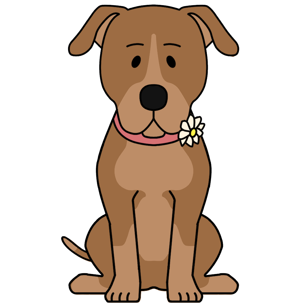 Cartoon drawing of Maggie the dog wearing a pink collar with a white daisy flower on it