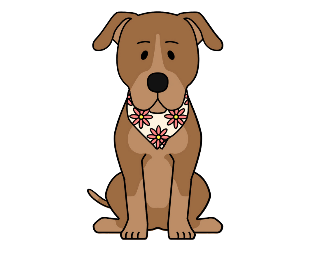 Cartoon drawing of Maggie the dog wearing a white bandana with pink flowers on it