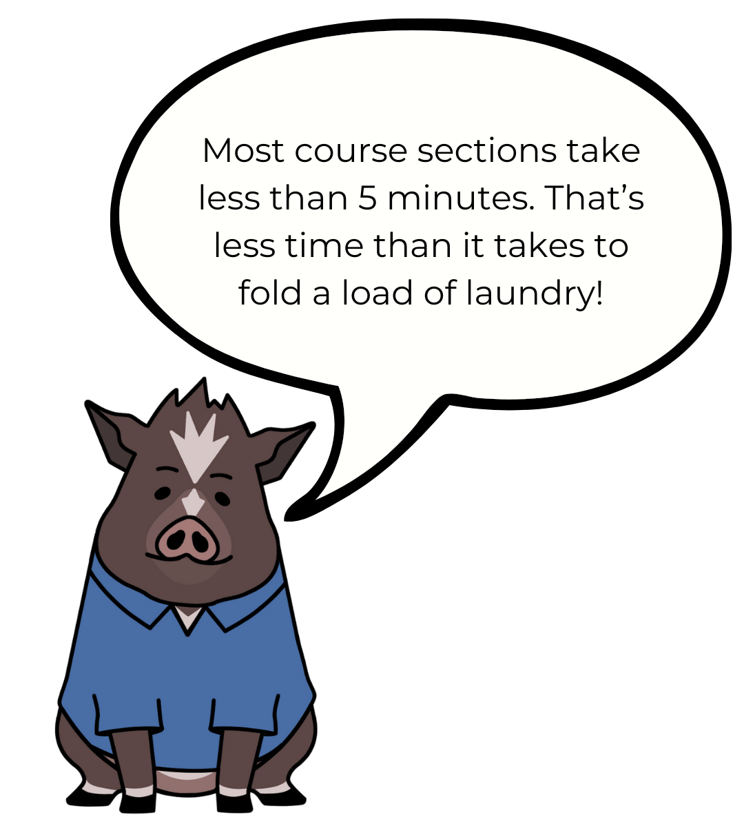 Cartoon drawing of Winston with a speech bubble that says, "Most course sections take less than 5 minutes. That's less time than it takes to fold a load of laundry!"
