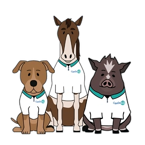 Cartoon drawing of Winston the pig, Kaptain the horse, and Maggie the dog wearing CanDoIQ employee polo shirts