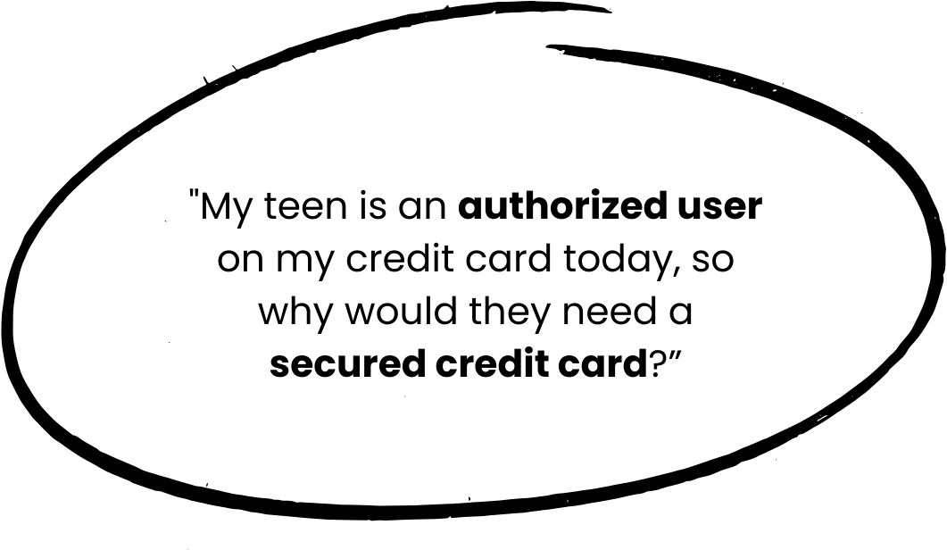 Speech bubble that says, "My teen is an authorized user on my credit card today, so why would they need a secured credit card?"