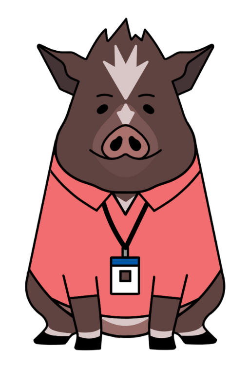 Cartoon drawing of Winston the pig wearing a bright red polo shirt with a lanyard and ID around his neck